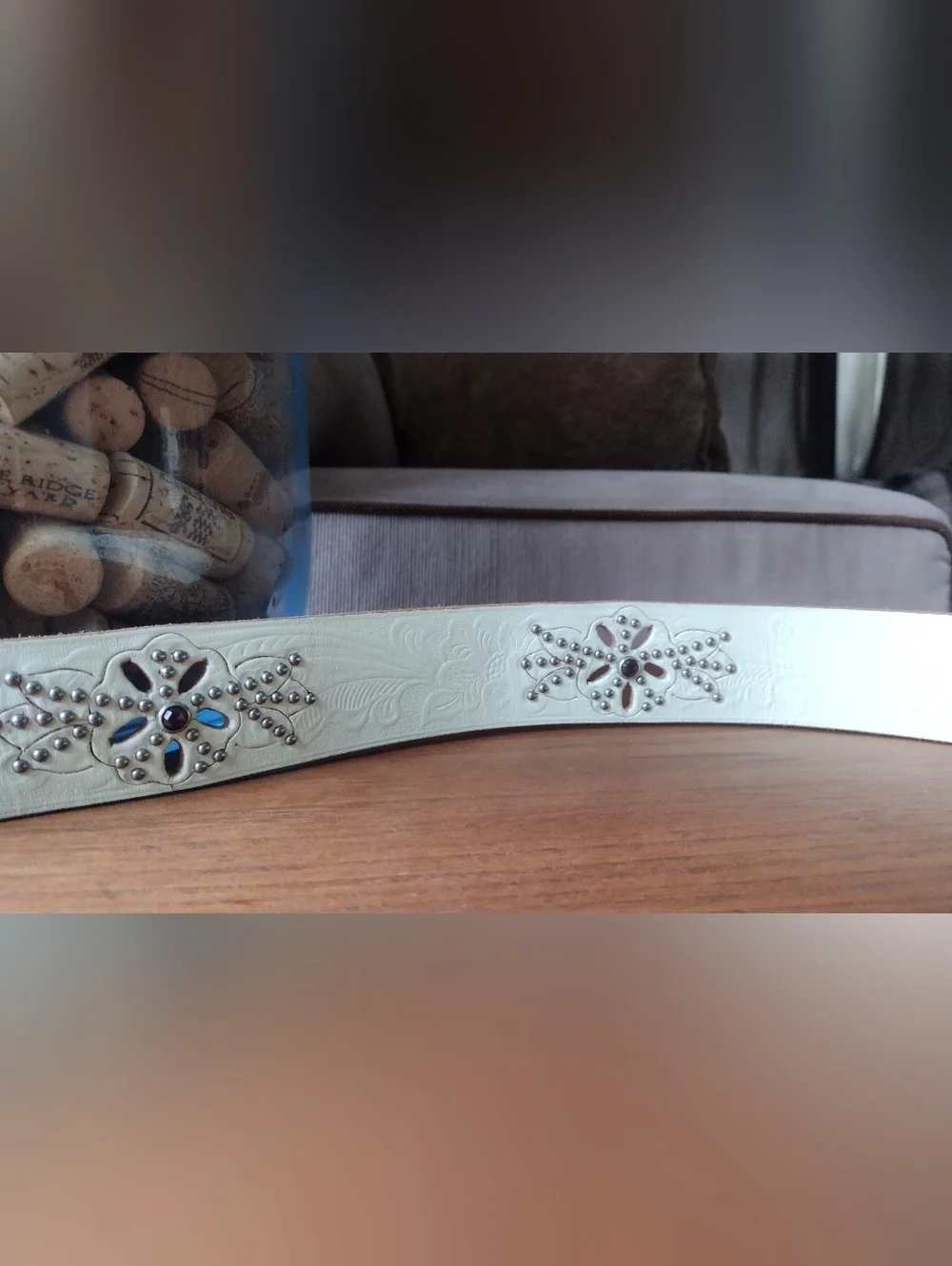 Hollywood Trading Company Cream Tooled Leather Belt with Floral Stud  Detail